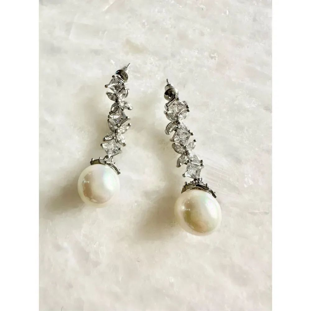 Victoria cubic zirconia flower and pearl dangle earrings